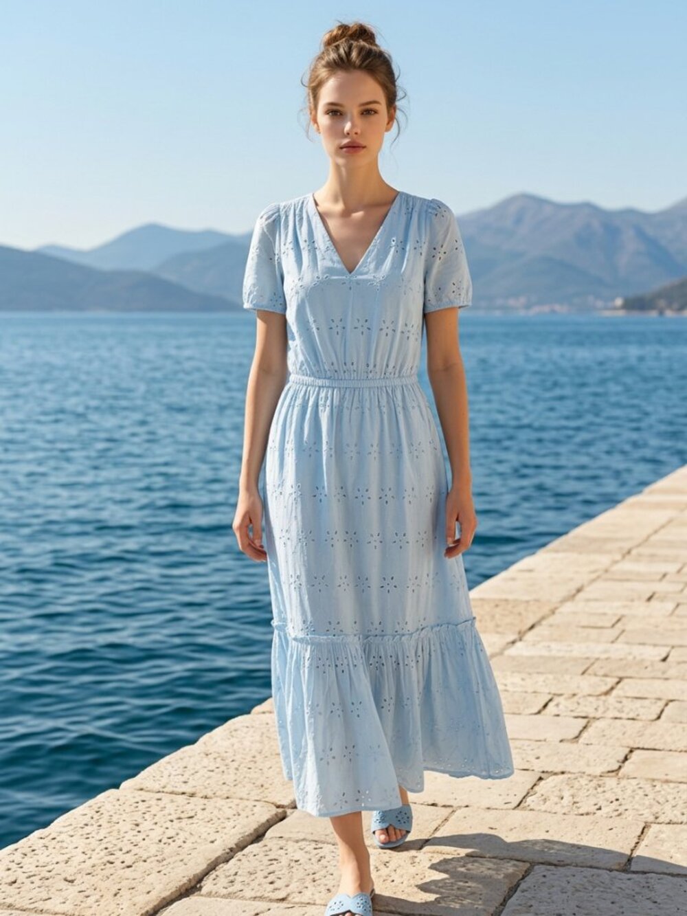 J.Crew Factory Light Blue Eyelet Embroidered Midi Dress Cottagecore Boho